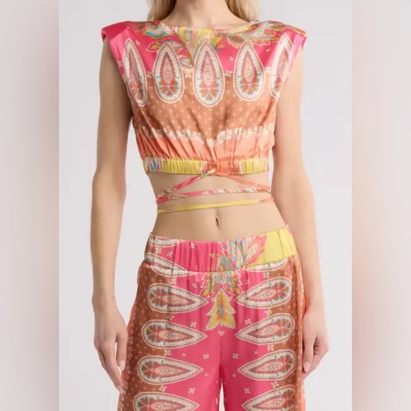 Women's Pink and Orange Paisley Two-Piece Crop Top Set - Picture 1 of 4